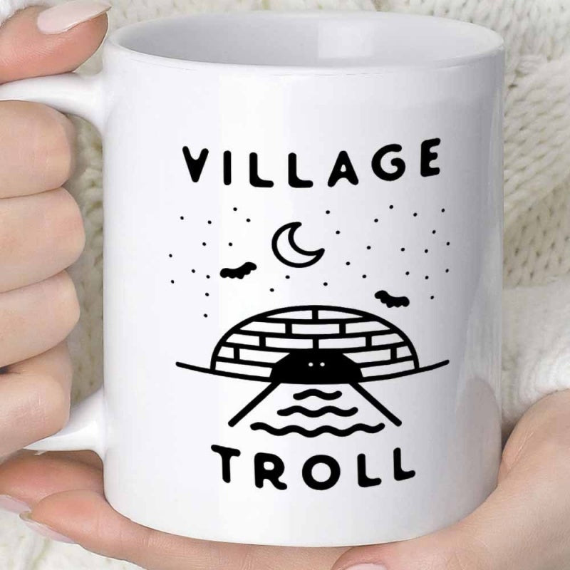 Tailorly White Ceramic 11 oz Mug - Village Troll Simple Line Drawing Of A Stone Bridge Under The Moon Troll