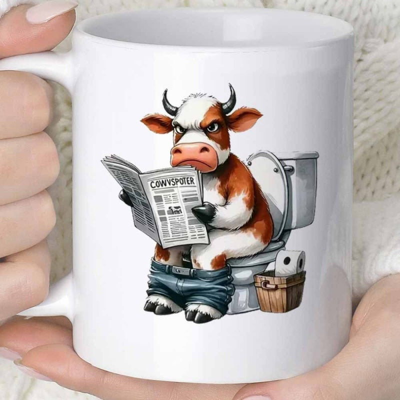 Tailorly White Ceramic 11 oz Mug - Cowspaper Humorous Cartoon Spotted Animal Sitting On A White Ceramic Toilet Cow