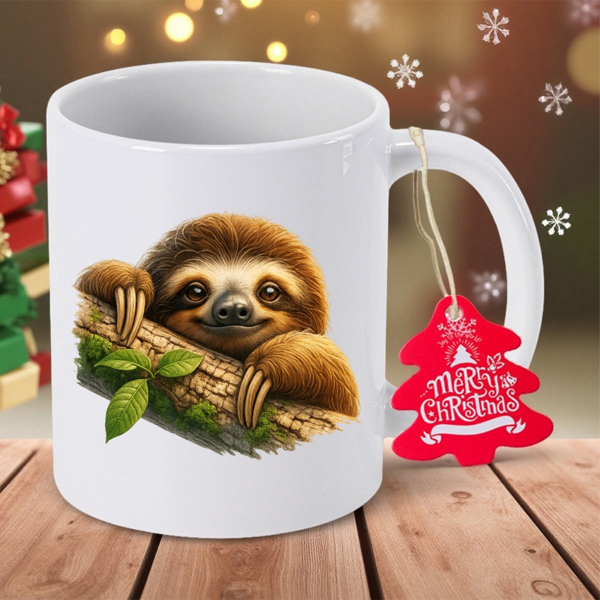 Tailorly White Ceramic 11 oz Mug - Merry Christmas Cute Fluffy Sloth Resting Peacefully On A Mossy Tree Branch Sloth