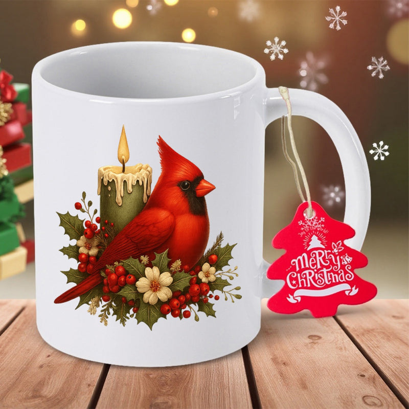 Tailorly White Ceramic 11 oz Mug - Merry Christmas Festive Red Bird Perched Next To Lit Candle Among Holly Berries Cardinal