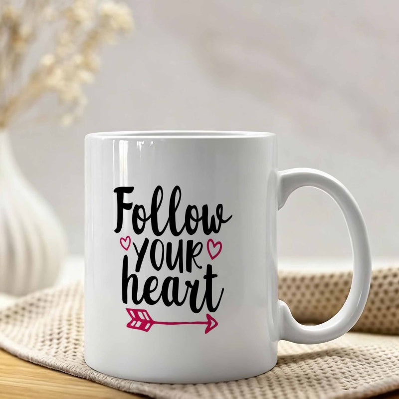 Tailorly White Ceramic 11 oz Mug - Follow Your Heart Elegant Script With Pink Hearts And A Decorative Directional Arrow Mug