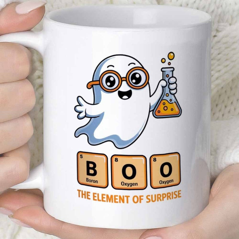 Tailorly White Ceramic 11 oz Mug - Boo The Element Of Surprise Cute Cartoon Character Wearing Glasses Holding Science Laboratory Beaker With Bubbles Ghost