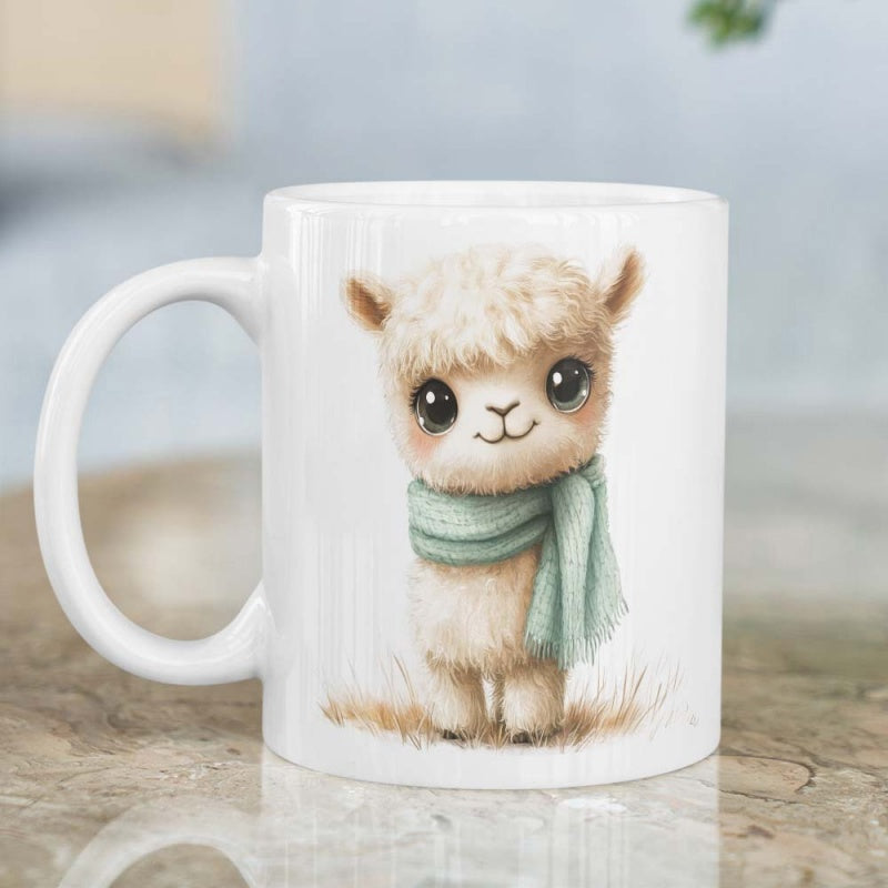 Tailorly White Ceramic 11 oz Mug - Cute Fluffy Baby Wearing Soft Green Scarf Standing On Grass Alpaca