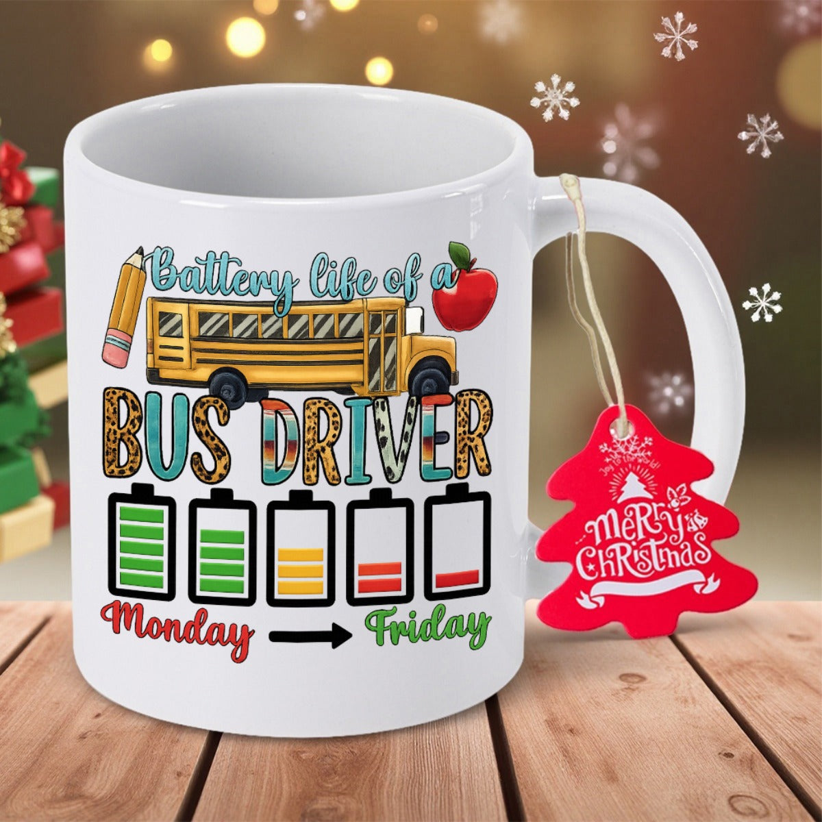 Tailorly White Ceramic 11 oz Mug - Battery Life Of A Bus Driver Monday Friday Yellow School Bus Featuring Pencil And Apple Above Batteries Bus