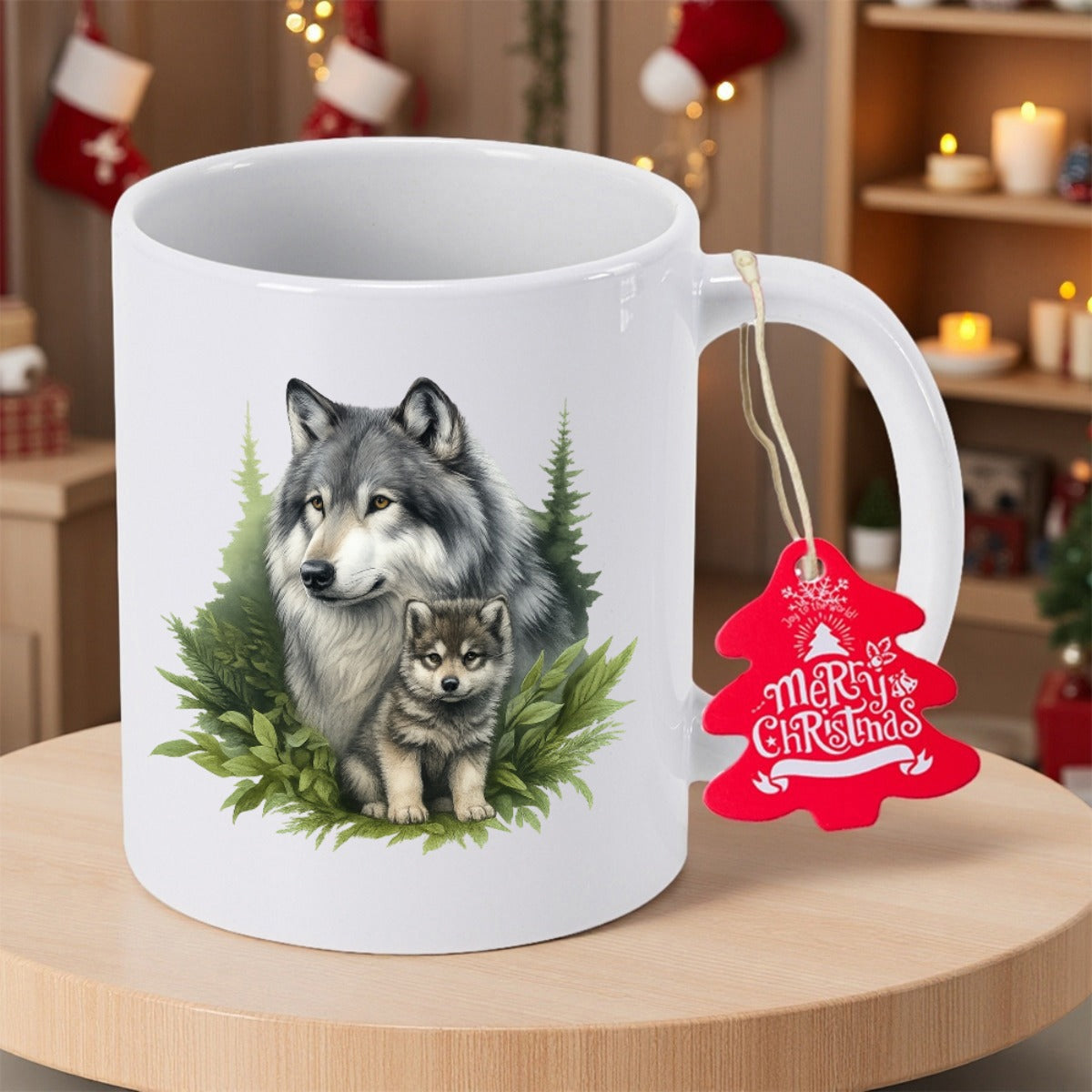 Tailorly White Ceramic 11 oz Mug - Merry Christmas Majestic Grey Wolf With Cute Cub Nestled Among Green Pine Branches Wolf