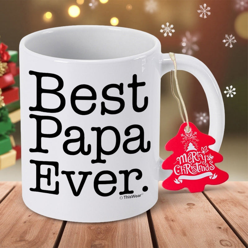 Tailorly White Ceramic 11 oz Mug - Best Papa Ever Merry Christmas Classic White Ceramic Design Featuring Bold Typewriter Typography And Holiday Tag Mug