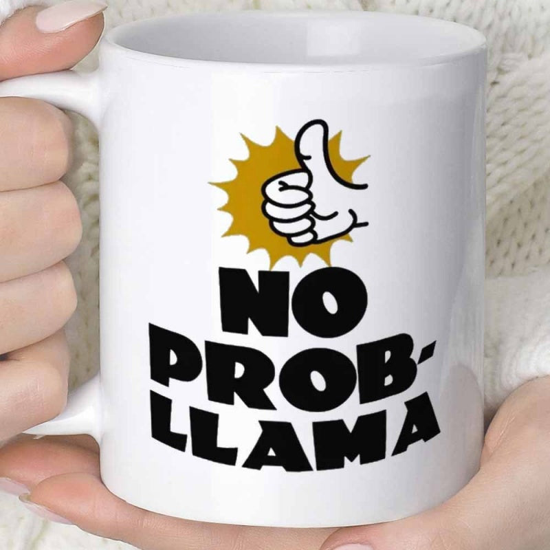 Tailorly White Ceramic 11 oz Mug - No Prob Llama Thumbs Up Hand Inside Gold Starburst With Black Bold Comic Font Mug
