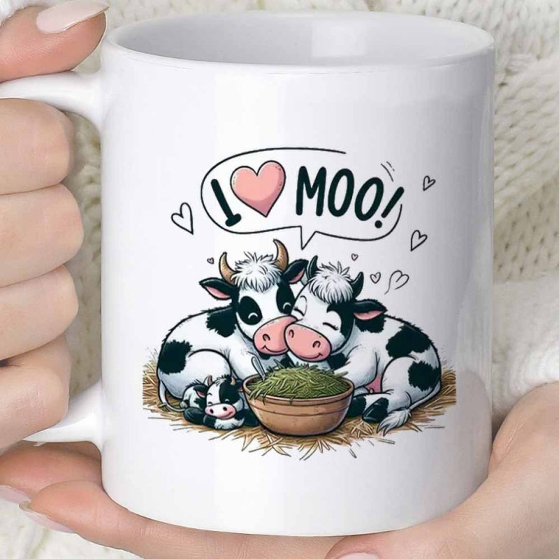 Tailorly White Ceramic 11 oz Mug - I Love Moo Two Adorable Dairy Cows Eating Hay From A Rustic Bowl Cow
