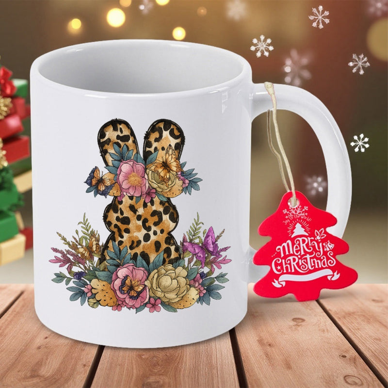 Tailorly White Ceramic 11 oz Mug - Merry Christmas Artistic Leopard Print Rabbit Silhouette With Vibrant Seasonal Garden Flower Details Bunny