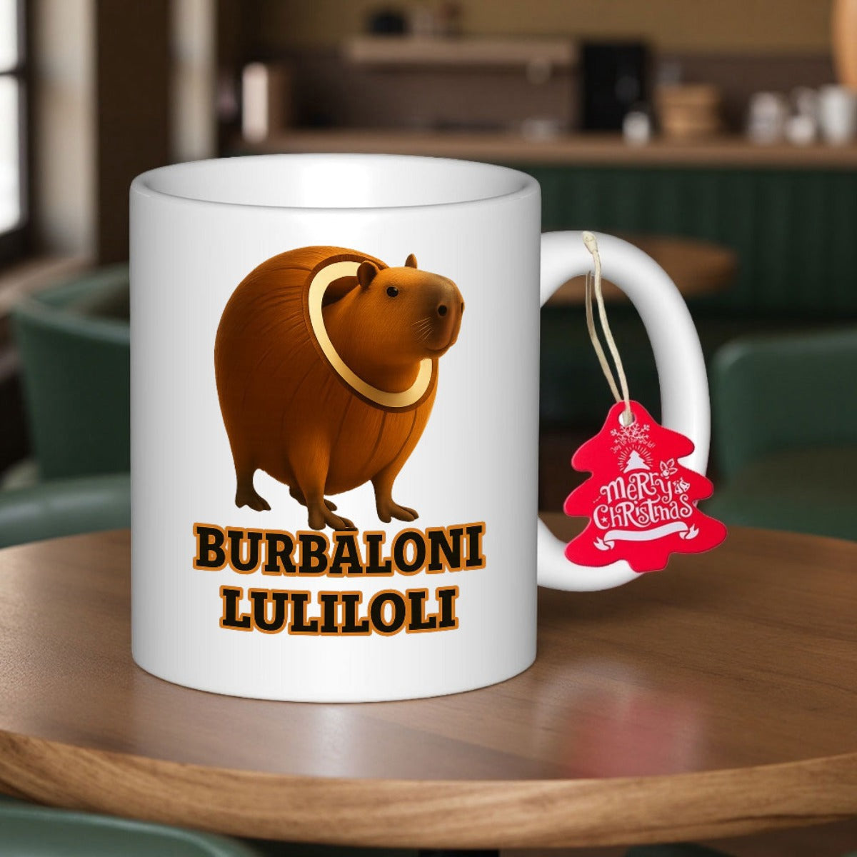 Tailorly White Ceramic 11 oz Mug - Burbaloni Luliloli Cute Brown Animal Wearing Gold Ring Standing Calmly Capybara