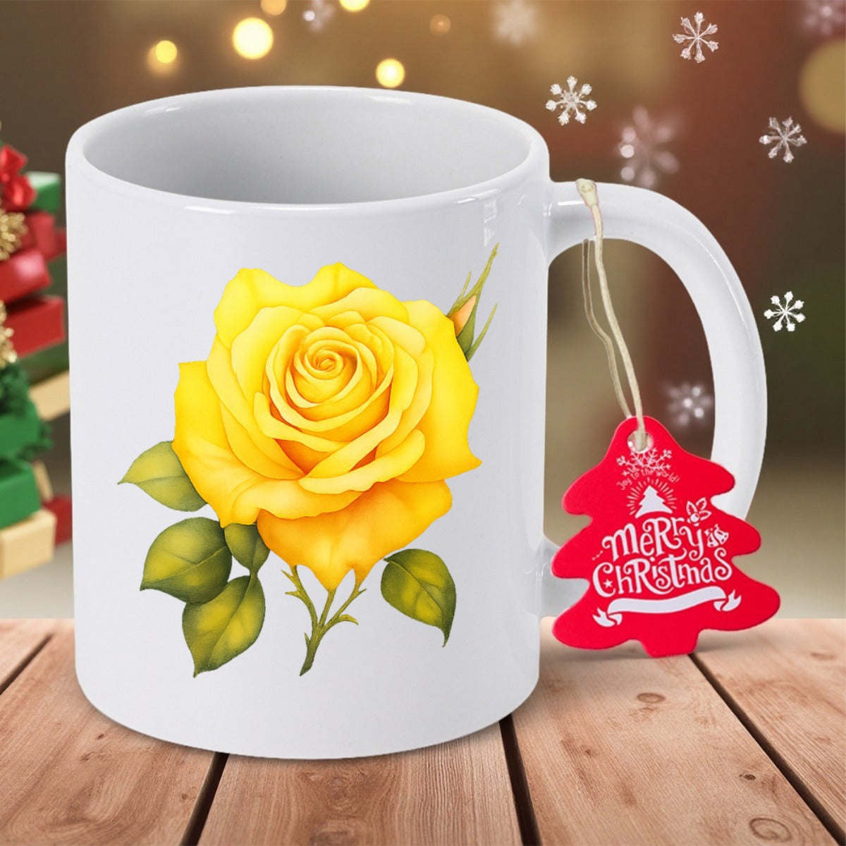 Tailorly White Ceramic 11 oz Mug - Merry Christmas Vibrant Yellow Petals Blooming Among Lush Green Leaves And Stem Rose