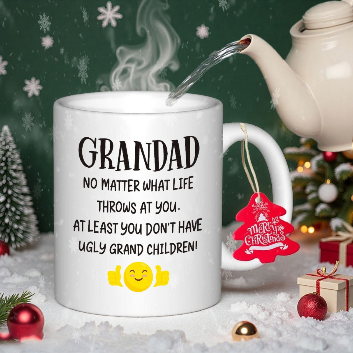 Tailorly White Ceramic 11 oz Mug - Grandad No Matter What Life Throws At You At Least You Dont Have Ugly Grandchildren White Ceramic Cup Sitting In Snowy Winter