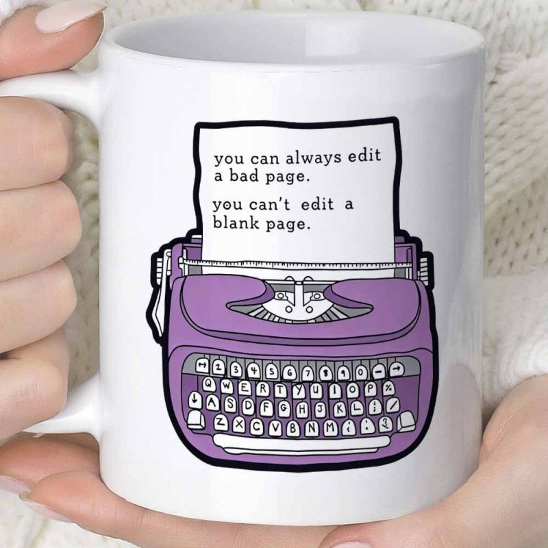 Tailorly White Ceramic 11 oz Mug - You Can Always Edit A Bad Page You Can't Edit A Blank Page Vintage Purple Mechanical Typing Device With Blank Paper Typewriter