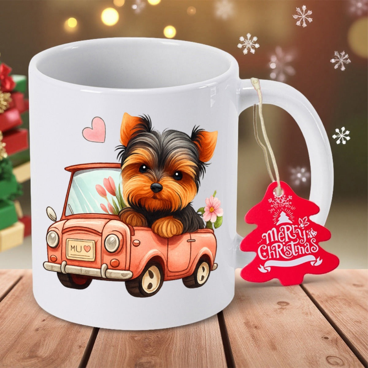 Tailorly White Ceramic 11 oz Mug - Merry Christmas Charming Little Puppy Sitting Inside A Sweet Pink Vintage Car Dog