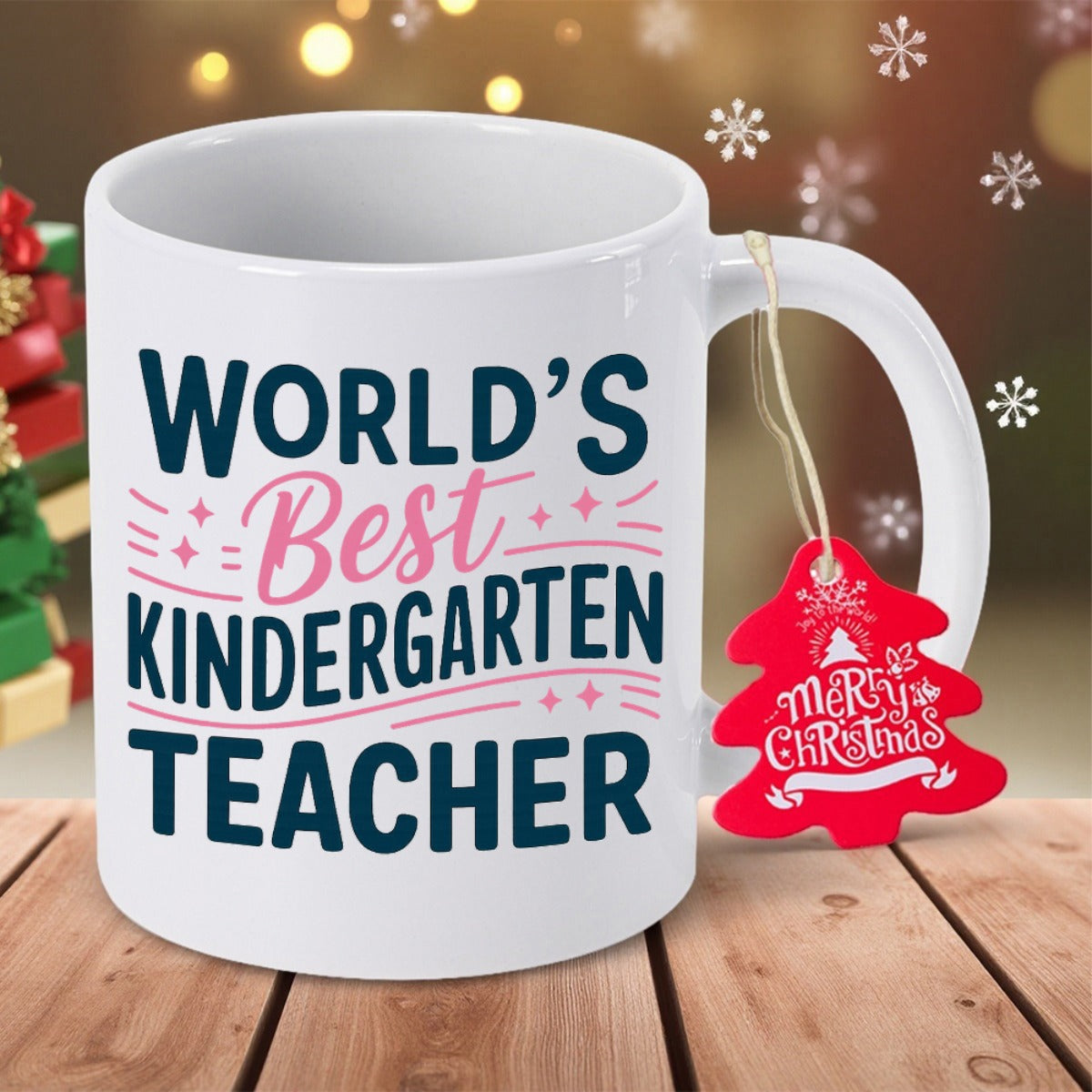 Tailorly White Ceramic 11 oz Mug - Worlds Best Kindergarten Teacher Merry Christmas Polished With Festive Holiday Script And Star Accents Mug
