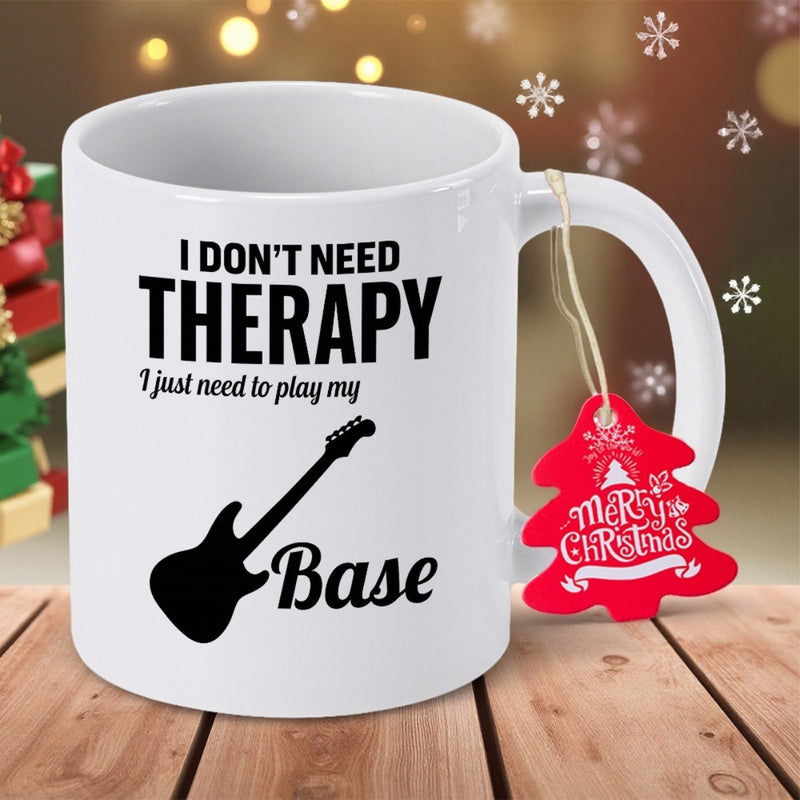 Tailorly White Ceramic 11 oz Mug - I Don't Need Therapy I Just Need To Play My Base Minimalist Black Silhouette Of An Electric Guitar Body Resting On Wooden