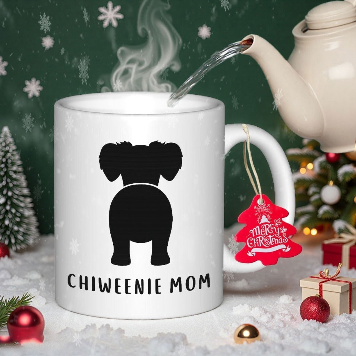 Tailorly White Ceramic 11 oz Mug - Chiweenie Mom Minimalist Black Dog Silhouette Sitting Peacefully On Clean Surface Chiweenie