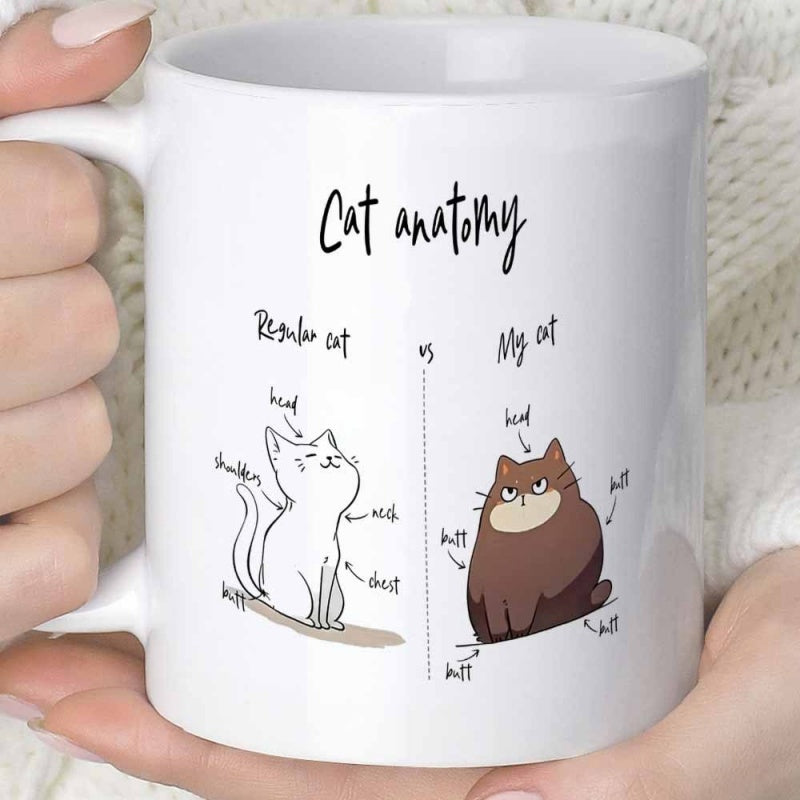 Tailorly White Ceramic 11 oz Mug - Cat Anatomy Regular Cat My Cat Humorous Comparison Between Slim And Very Chubby Domestic Cat