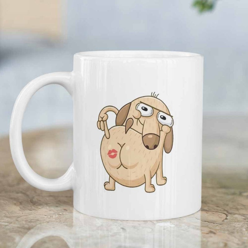 Tailorly White Ceramic 11 oz Mug - Funny Cartoon Brown Dog Showing Rear End With Red Lipstick Mark Dog