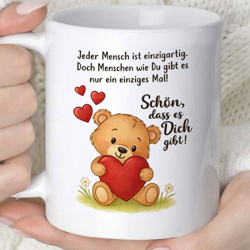Tailorly White Ceramic 11 oz Mug - Adorable Fluffy Little Brown Animal Sitting In Green Grass Holding Heart Bear
