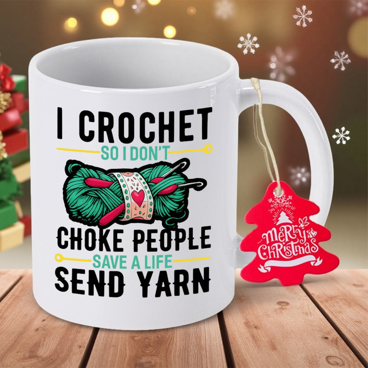 Tailorly White Ceramic 11 oz Mug - I Crochet So I Don't Choke People Save A Life Send Yarn Vibrant Teal Yarn Ball With Red Hooks And Cute Heart Detail Yarn