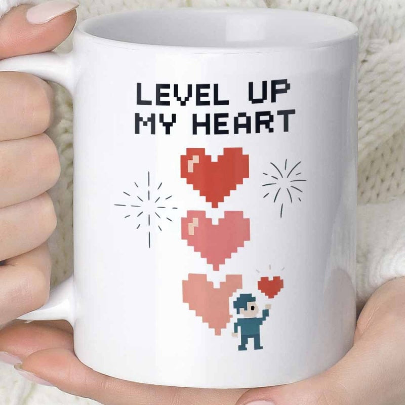 Tailorly White Ceramic 11 oz Mug - Level Up My Heart Retro Pixel Art With Stacked Red Hearts And Tiny Character Holding Heart