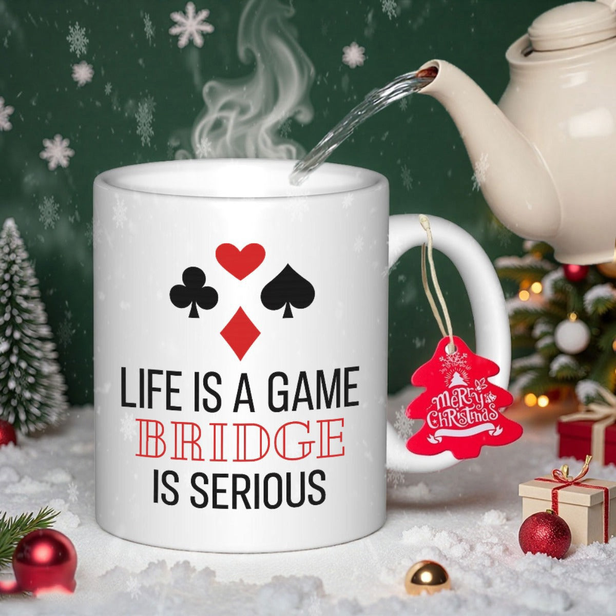 Tailorly White Ceramic 11 oz Mug - Life Is A Game Bridge Is Serious Classic Playing Card Suits Centered Over Bold Typographic Phrases Mug