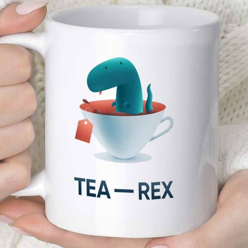 Tailorly White Ceramic 11 oz Mug - Tea Rex Cute Little Blue Dinosaur Sitting Inside A White Ceramic Cup Dinosaur