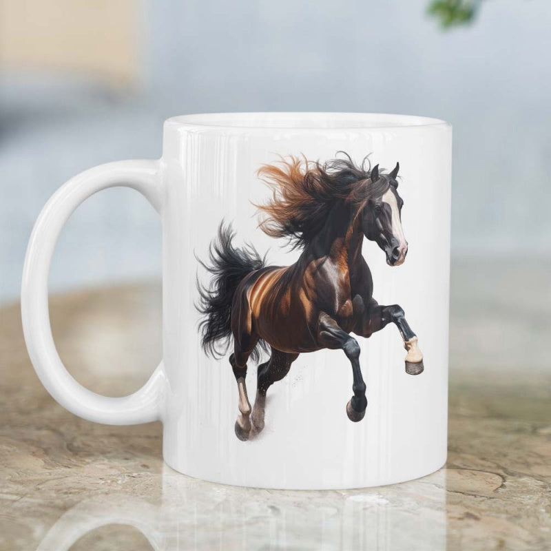 Tailorly White Ceramic 11 oz Mug - Elegant Galloping Stallion With Flowing Mane Running Across Pure White Background Horse