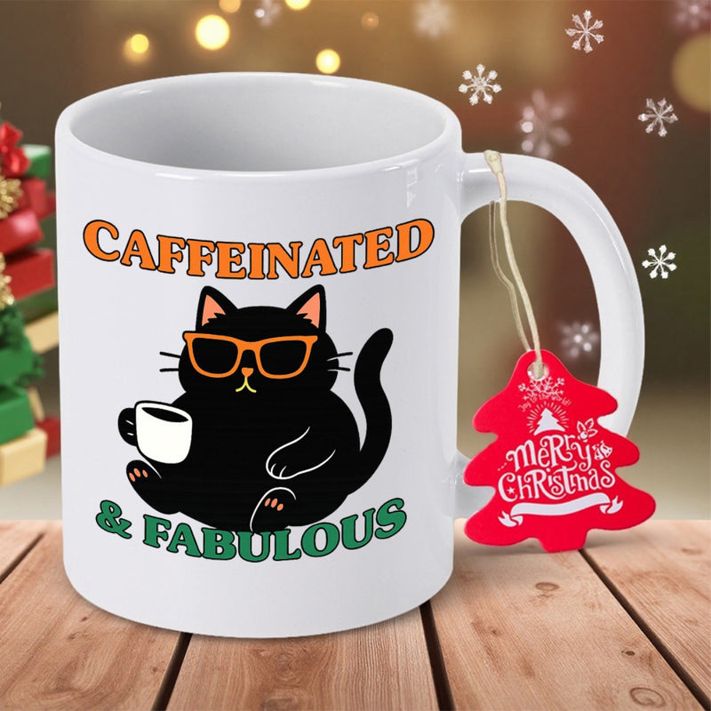 Tailorly White Ceramic 11 oz Mug - Caffeinated Fabulous Merry Christmas Adorable Chubby Black Cat Wearing Sunglasses Holding Coffee Mug Cat