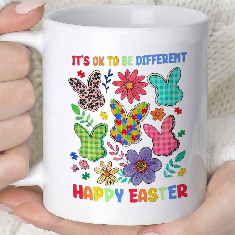 Tailorly White Ceramic 11 oz Mug - Its Ok To Be Different Happy Easter Colorful Patterned Silhouettes With Blooming Spring Flowers Scattered Across Charming Bunny