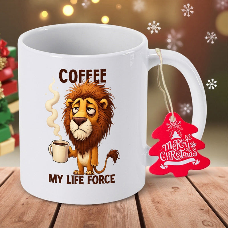 Tailorly White Ceramic 11 oz Mug - Coffee My Life Force Sleepy Brown Lion Holding A Steaming Cup Of Hot Coffee Lion