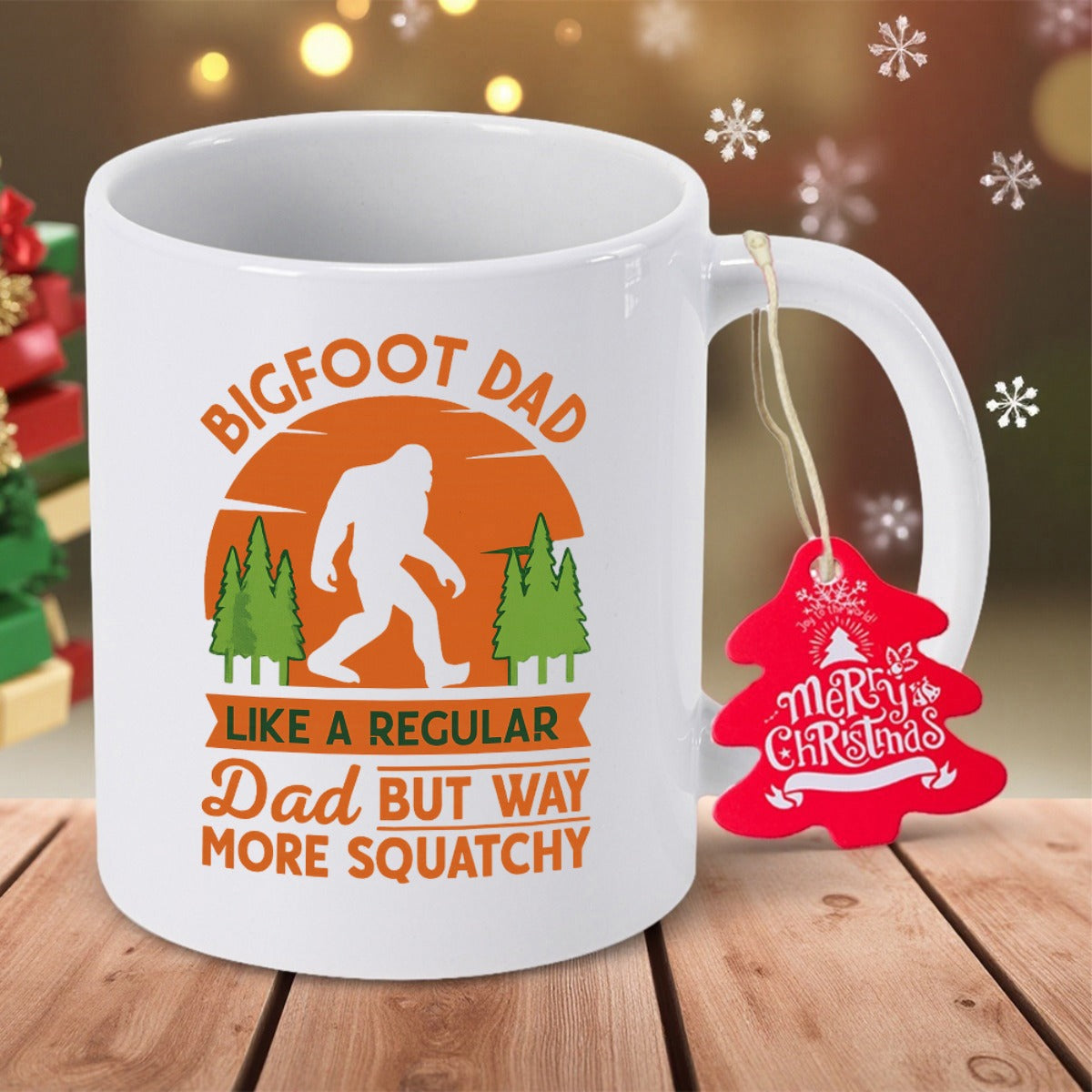Tailorly White Ceramic 11 oz Mug - Bigfoot Dad Like A Regular Dad But Way More Squatchy Legendary Creature Walking Through Forest Pines Under A Setting Retro Sun