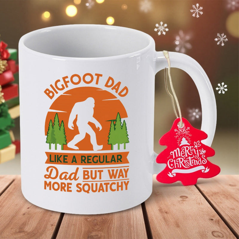 Tailorly White Ceramic 11 oz Mug - Bigfoot Dad Like A Regular Dad But Way More Squatchy Legendary Creature Walking Through Forest Pines Under A Setting Retro Sun