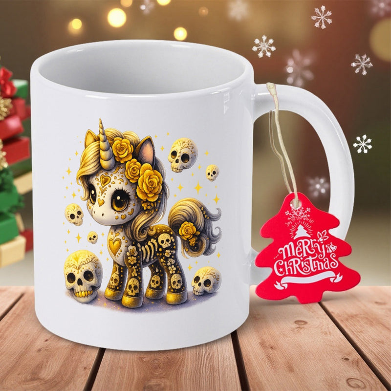 Tailorly White Ceramic 11 oz Mug - Merry Christmas Cute Golden Floral Sugar Skull Pattern Surrounded By Small Decorative Skulls Unicorn