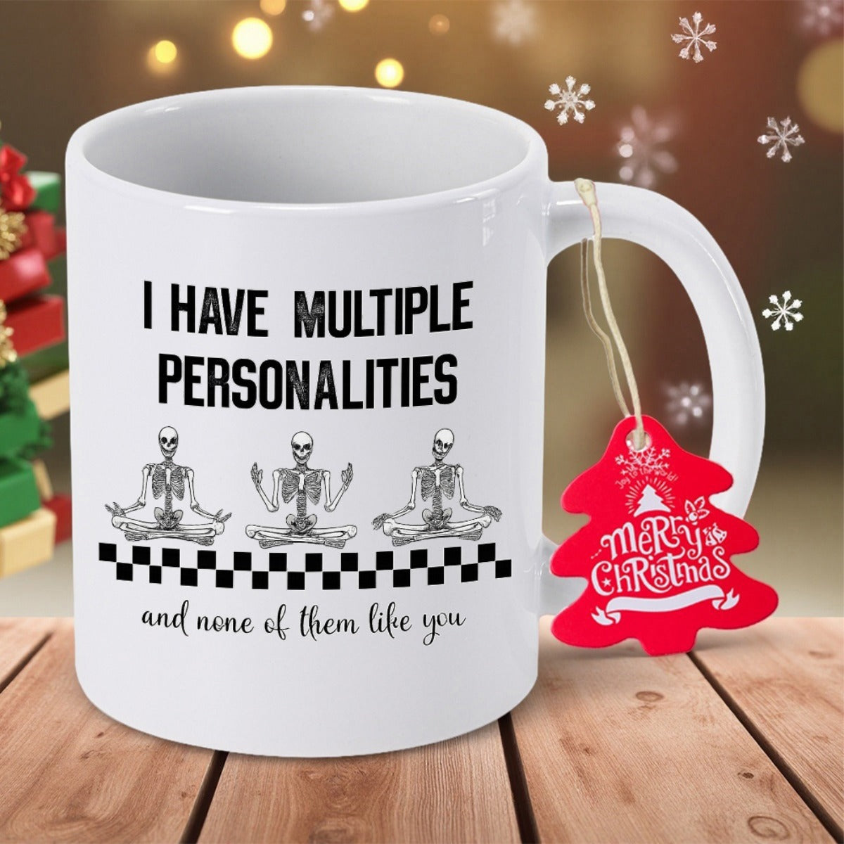 Tailorly White Ceramic 11 oz Mug - I Have Multiple Personalities And None Of Them Like You Three Meditating Figures Sitting On A Checkered Base With Skeletal
