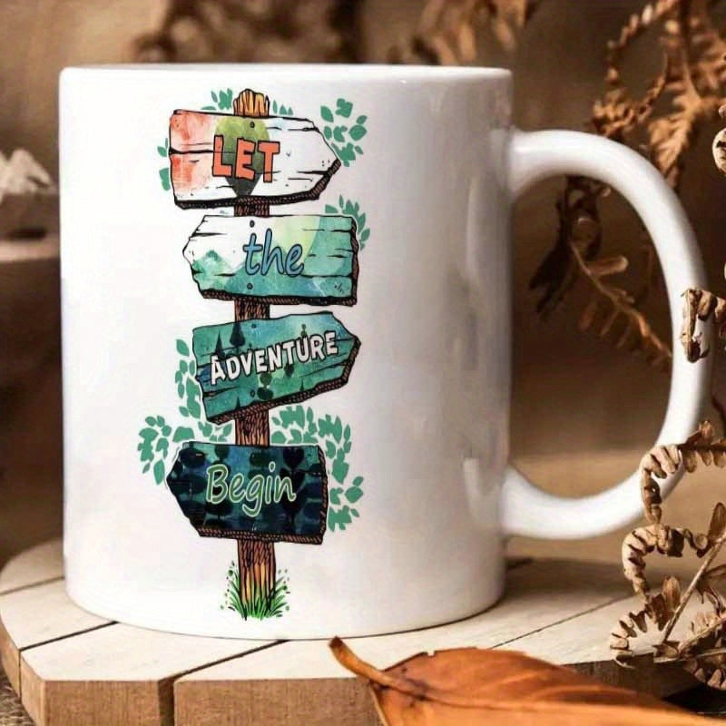 Tailorly White Ceramic 11 oz Mug - Let The Adventure Begin Colorful Wooden Planks Among Green Leaves Painted In Watercolor Style Signpost
