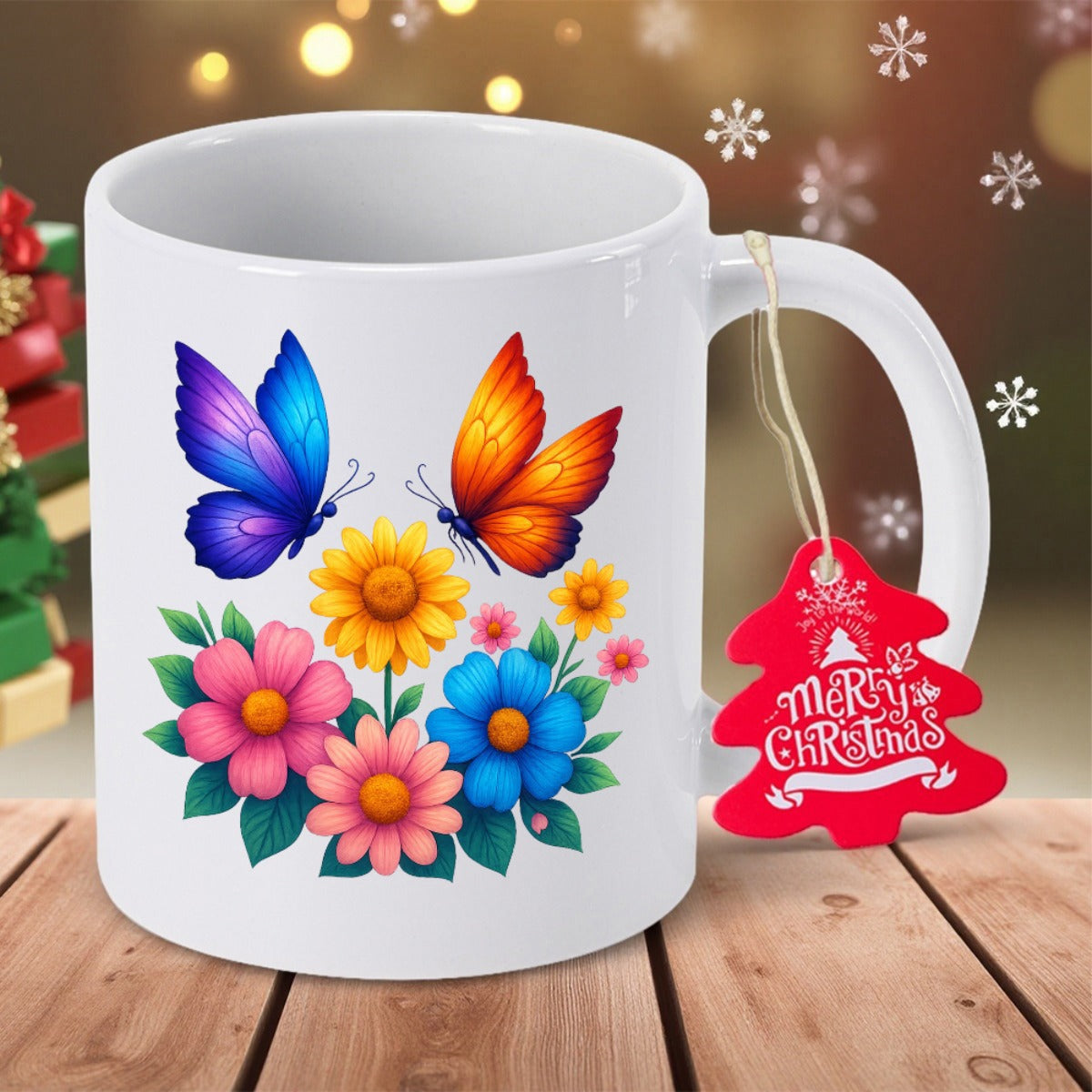 Tailorly White Ceramic 11 oz Mug - Vibrant Colorful Winged Creatures Dancing Above A Beautiful Garden Of Blooming Wildflowers Butterfly