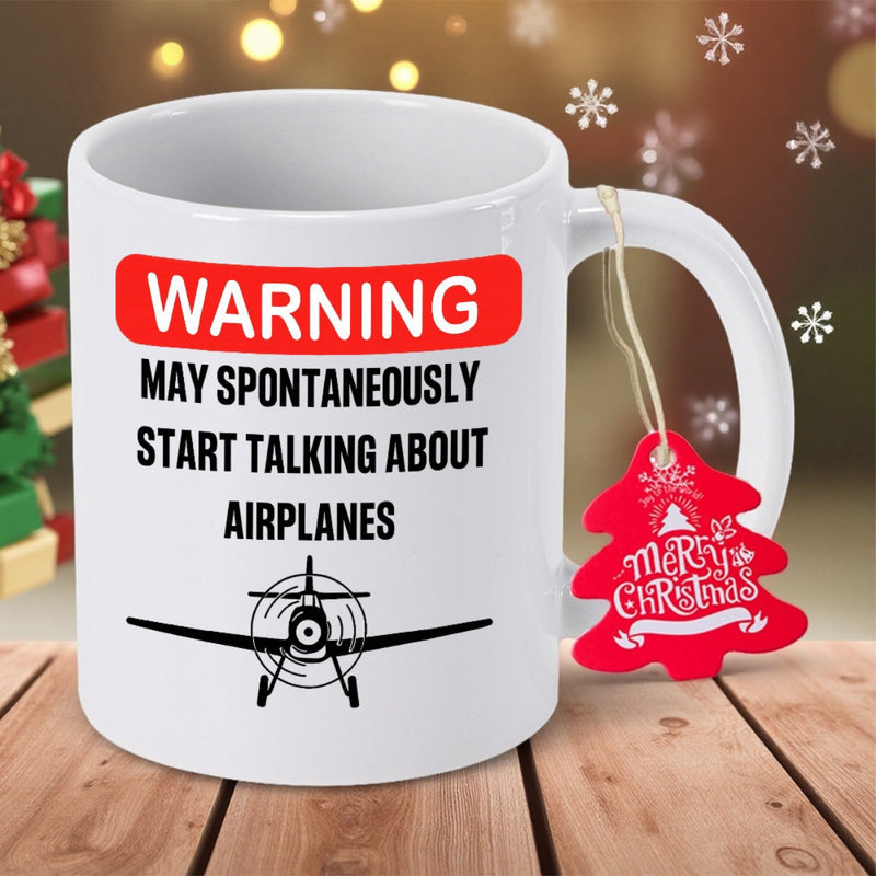 Tailorly White Ceramic 11 oz Mug - Warning May Spontaneously Start Talking About Airplanes Minimalist Front View Silhouette Of A Vintage Propeller Driven Aviation
