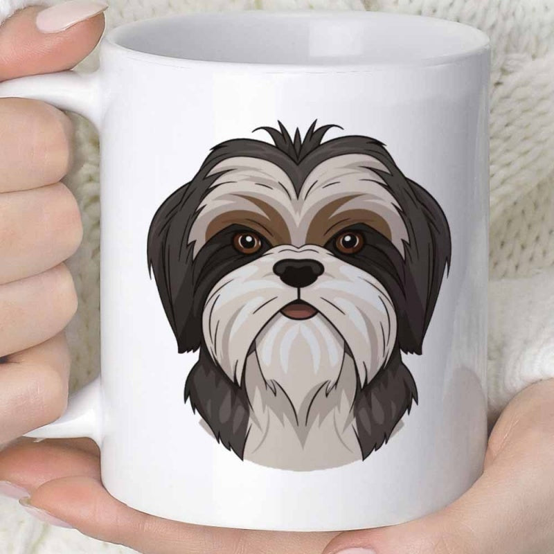 Tailorly White Ceramic 11 oz Mug - Detailed Artistic Illustration Of A Fluffy Brown And White Shih Tzu Dog