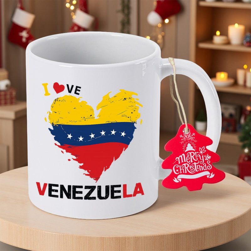 Tailorly White Ceramic 11 oz Mug - I Love Venezuela Distressed National Flag Colors Inside A Decorative Patriotic Artistic Heart