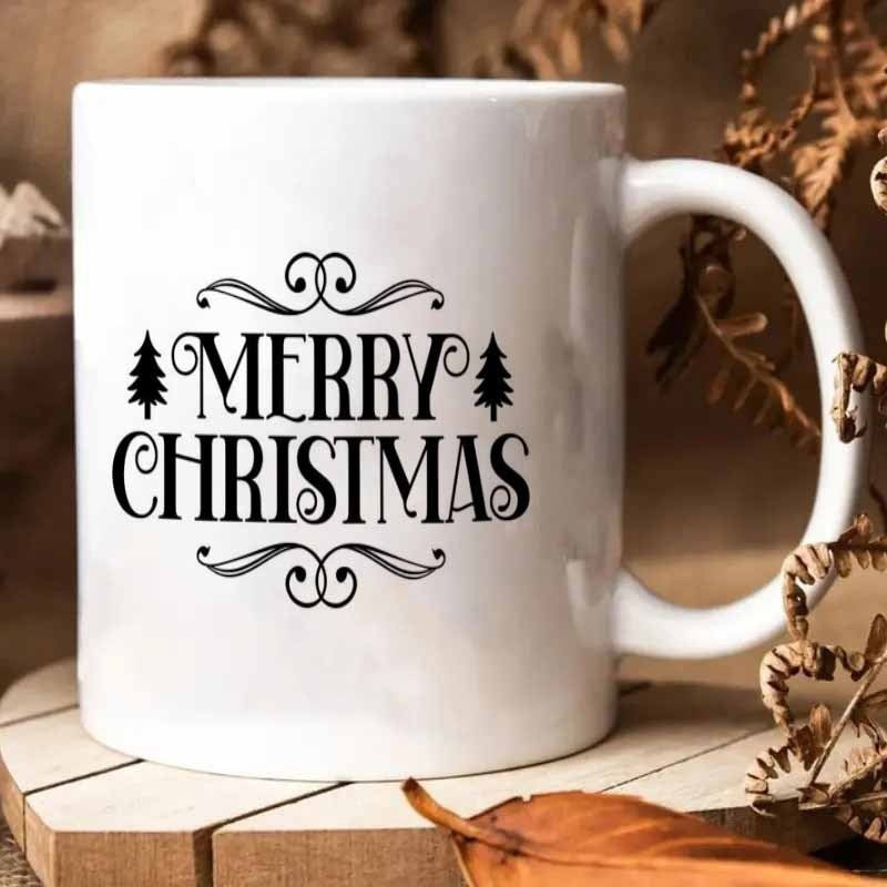 Tailorly White Ceramic 11 oz Mug - Merry Christmas Elegant Swirls Flanking Small Pine Trees On A Festive Mug