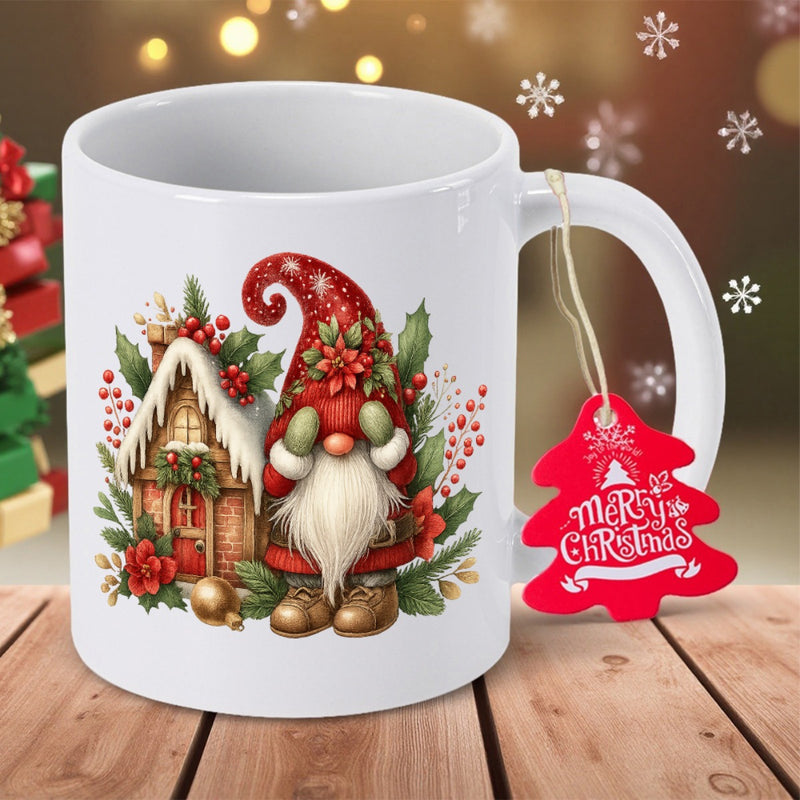 Tailorly White Ceramic 11 oz Mug - Merry Christmas Festive Holiday Gnome Standing Beside A Snow Covered Gingerbread Winter Cottage Gnome