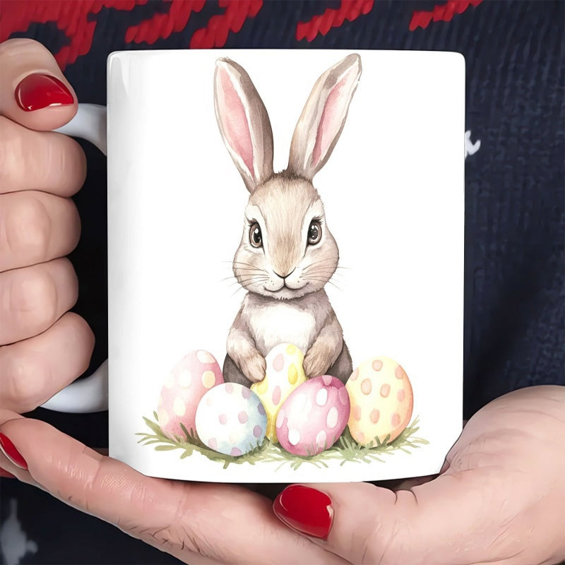 Tailorly White Ceramic 11 oz Mug - Watercolor Style Sitting Among Pastel Colored Polka Dot Easter Eggs Rabbit