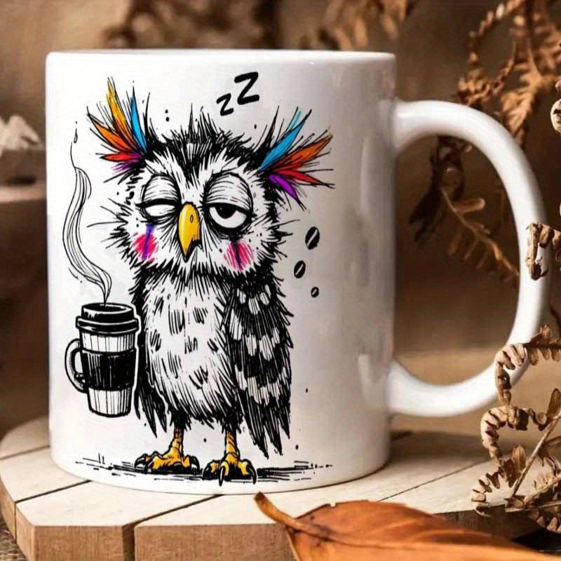 Tailorly White Ceramic 11 oz Mug - Zzz Tired Cartoon Featuring Vibrant Feathers Holding Steaming Hot Morning Coffee Owl