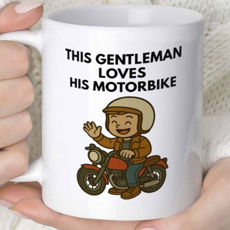 Tailorly White Ceramic 11 oz Mug - This Gentleman Loves His Motorbike Happy Cartoon Man Riding A Classic Vintage Style Red Small Motorcyclist