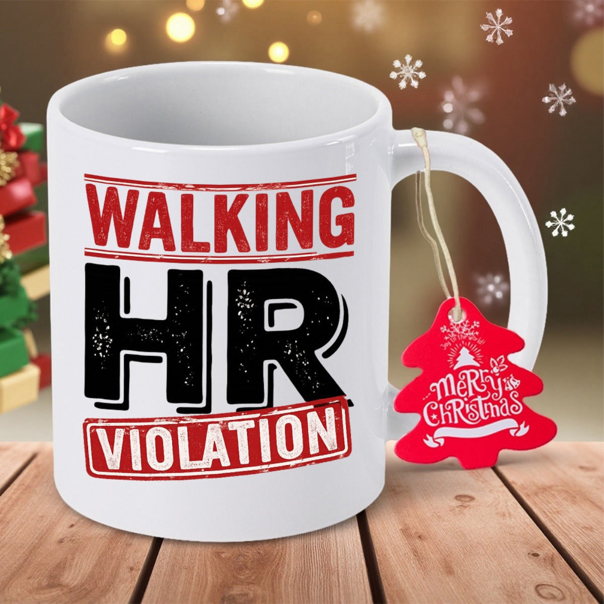 Tailorly White Ceramic 11 oz Mug - Walking HR Violation Bold Red And Black Typography Printed On A White Ceramic Office Mug