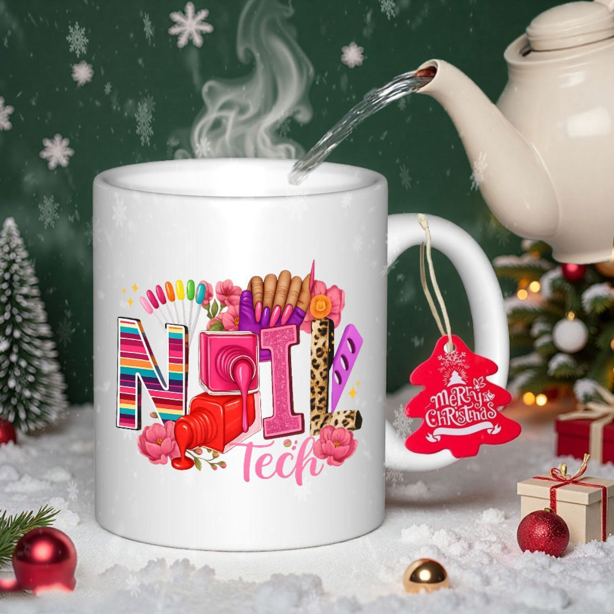 Tailorly White Ceramic 11 oz Mug - Nail Tech Vibrant Colorful Nail Polish Bottles And Artistic Blooming Floral Elements Illustration