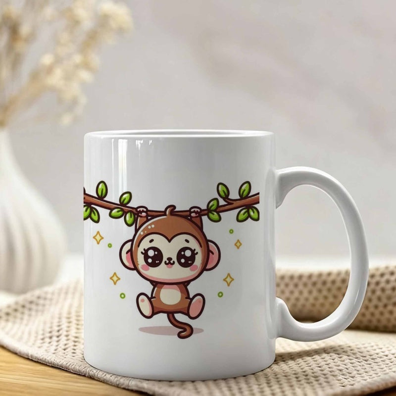 Tailorly White Ceramic 11 oz Mug - Playful Cartoon Monkey Hanging From A Green Leafy Tree Branch Monkey