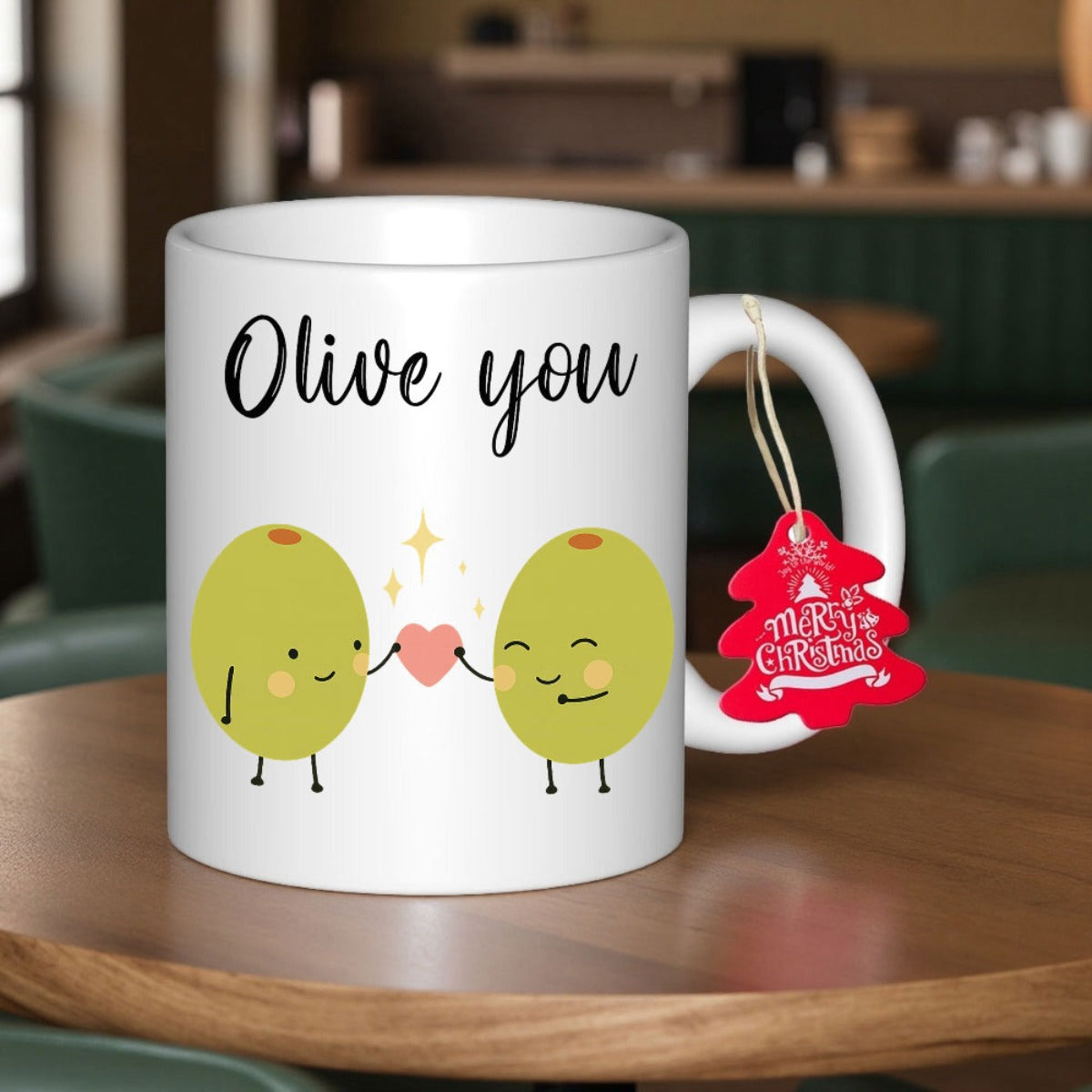 Tailorly White Ceramic 11 oz Mug - Olive You Two Cute Cartoon Characters Holding A Small Heart Among Little Olives